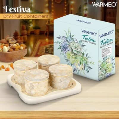 WARMEO FESTIVA Airtight Dry Fruit Container Tray SET of 4pcs (450ml each),Dry Food Storage Box I Premium Gifting Set I Multi-Purpose Box l Serving Sweets, Chocolates, Candy- Ceramic Beige