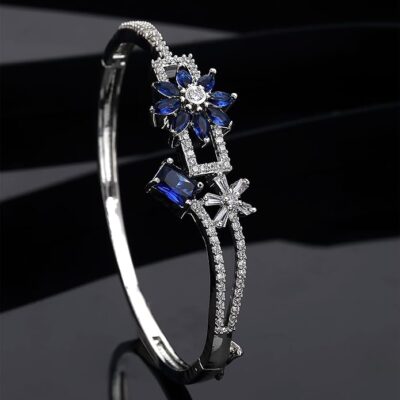 ZENEME Rhodium-Plated American Diamond Studded Leaf Shaped Kada Bracelet For Girls and Women