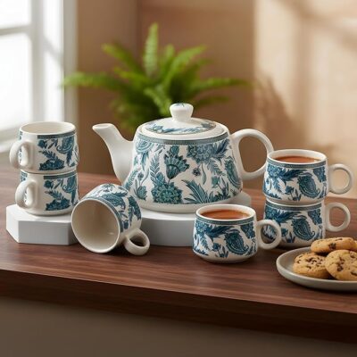 Handcrafted Ceramic Stylo Blue Teapot Cup Set - 1 Kettle (1 Litre) & 6 Cups (160 ML), Microwave & Dishwasher Safe | Morning Set | Tea Sets with Kettle for Gifting