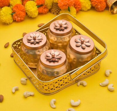 Square Shape Metal Basket with Jar Tray 4 Copper Flower Container Dry Fruits Chocolate Sweets Candys Gifts Set for Office, Home Decor Table Decoration Item (Square)