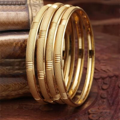 ZENEME Set Of 4 Gold-Plated Classic Textured Handcrafted Bangles