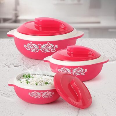 CELLO Hot Serve Insulated Inner Steel Casserole Set of 3, Pink (500ml, 850ml, 1500ml) | Hot Box for Kitchen | Hot Pot | Chapati Box | Locks in The Cold & Heat for Long | Serving Bowl with Lid