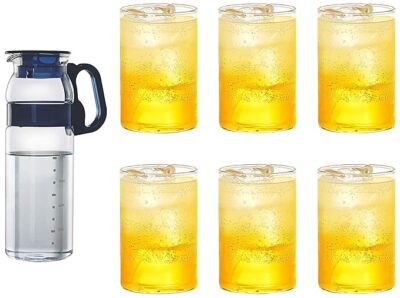 Borosil Vision Glass Set, 295ml, Set of 6, Transparent & Marina Jug with Plastic Handle, 1.3 litres, Transparent Combo