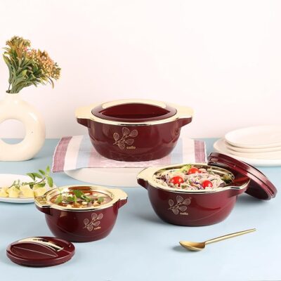 CELLO Radiant Insulated Roti Casseroles Hot Pot Case Box Set of 3 Pieces Burgundy (500 ml, 1000 ml, 1500 ml) |Double Wall Keeps Food Warm & Hot for Long Hours | Hot Pot Box Ideal For Roti Rice Biryani