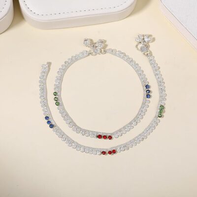 TEEJH Disha Linked Silver Oxidized Anklets For Women
