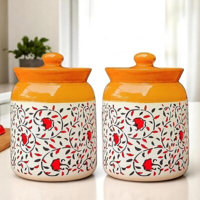 Floral Ceramic Pickle Jars Set of 2-1000 ML Each | 1 kg Achaar Martban Barni Jar with Lid | Ceramic Storage Jar Container Pickle/Achar, Chatney