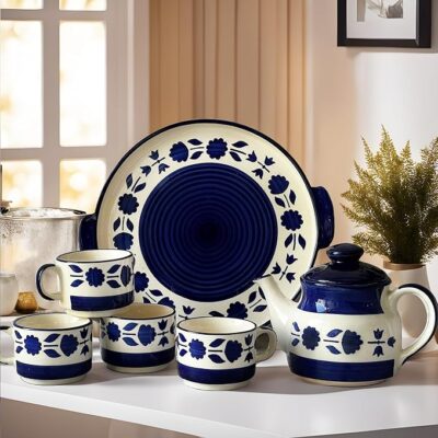 Tea Cup Set with Kettle & Serving Tray | Ceramic Tea Set Handpainted Blue Floral Design| 4 Cups (150ml), 1 Kettle(700ml), 1 Tray (6 Piece Set) Microwave Safe | Best Wedding Gift