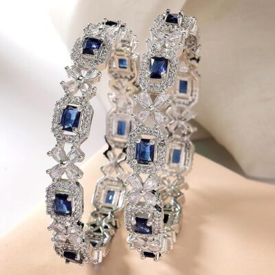 ZENEME Rhodium-Plated Silver Toned American Diamond Square Shaped studded Bangle Jewellery Set for Girls and Women (Set Of 2)