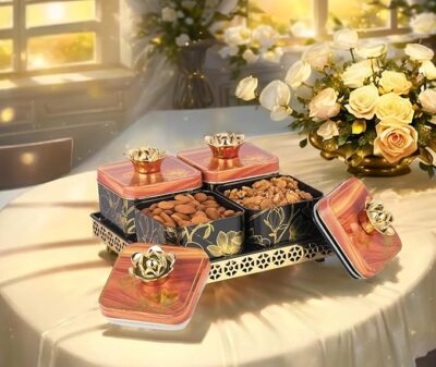 Nabhya Sparkle 4pc 360 Revolving Airtight Dry Fruit Containers Set with Lid & Serving Tray, Dry Fruit Box for Serving Sweets, Candy, Pickle, Mukhwas (Pack of 4) (Black)