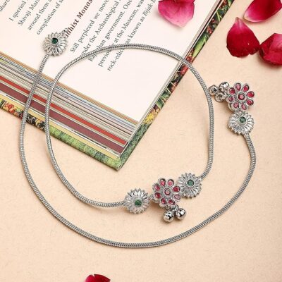 ZENEME Minimal Silver Toned Cubic Zirconia Studded Nature Inspired Charm Anklet For Girls and Women | Stylish Payal for Women & Girls