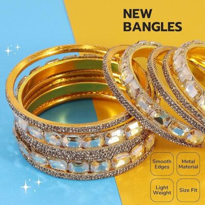NMII Stylish Metal with AD Diamond Bangles Kada Set For Women & Girls | Premium Gold Plated Bangles | Kada Set For Women | Metal Bangles | Fashionable Bangles For Wedding, Party, Daily- Set of 12