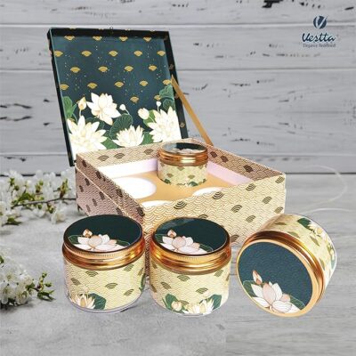 Gift Box | 9 (L) X 9 (B) x 3.5 (H) Inch, Lotus Floral, Gold Foiling, Designer box with 4 Empty Jars for Diwali, Weddings, Christmas, Corporate Gift Hampers