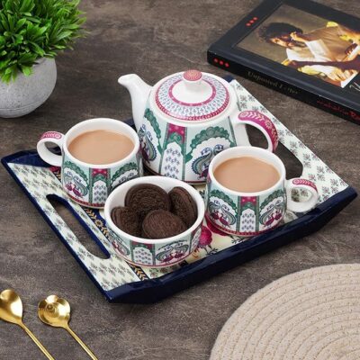Ceramic Handcrafted Flora and Fauna Small Tea Set - 1 Kettle (350 ML), 2 Cups (160 ML), 1 Bowl (for Sugar or Snacks), 1 Tray | Microwave & Dishwasher Safe | Teapot | Gifting Option