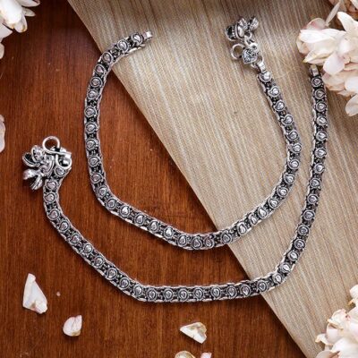 TEEJH Disha Linked Silver Oxidized Anklets for Women