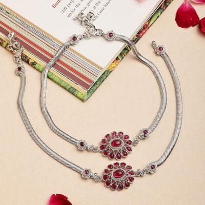 ZENEME Minimal SilverToned Cubic Zirconia Studded Floral Charm Anklet For Girls and Women | Stylish Payal for Women & Girls