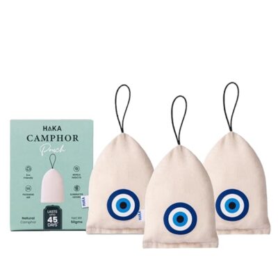 Haka Pure Camphor Aroma Pouch Set – 100% Natural Camphor Air Freshener for Car, Wardrobe, Bathroom & Living Spaces | Eco-Friendly Fragrance Bags (Evil Eye Pack of 3)